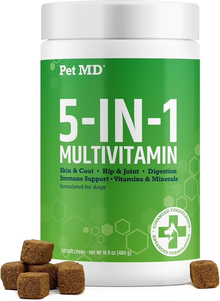 Pet MD 5in1 Dog Multivitamin - 30 Ουσιώδεις Βιταμίνες, Ορυκτά & Θρεπτικά συστατικά για το δέρμα & το παλτό, Hip & Joint, Digetion, Senior Dog & Puppy Vitamins - Γλυκοζαμίνη, Ωμέγα 3 6 9, & Προβιοτικά - 60ct