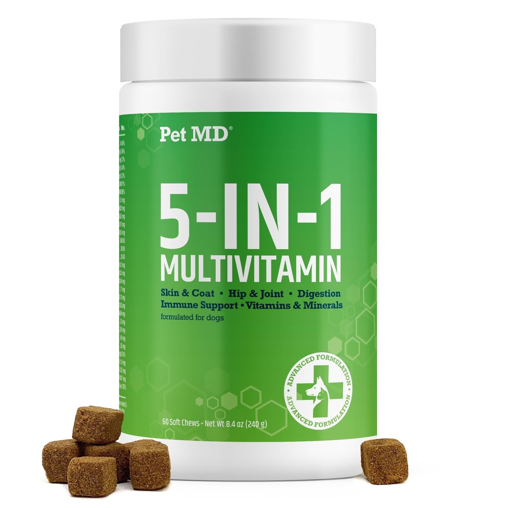 Pet MD 5in1 Dog Multivitamin - 30 Ουσιώδεις Βιταμίνες, Ορυκτά & Θρεπτικά συστατικά για το δέρμα & το παλτό, Hip & Joint, Digetion, Senior Dog & Puppy Vitamins - Γλυκοζαμίνη, Ωμέγα 3 6 9, & Προβιοτικά - 60ct
