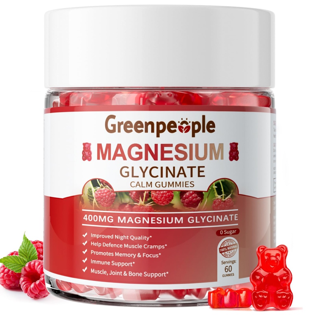 GREENPEOPLE Μαγνήσιο Γλυκινικό Gummies 400mg - Συμπλήρωμα χωρίς ζάχαρη Μαγνήσιο Κάλιο με Μαγνήσιο Κακή, Βιταμίνη D, B6, και CoQ10 για Ήρεμη Υποστήριξη & Ύπνο για Ενήλικες - Βατόμουρο Gummies