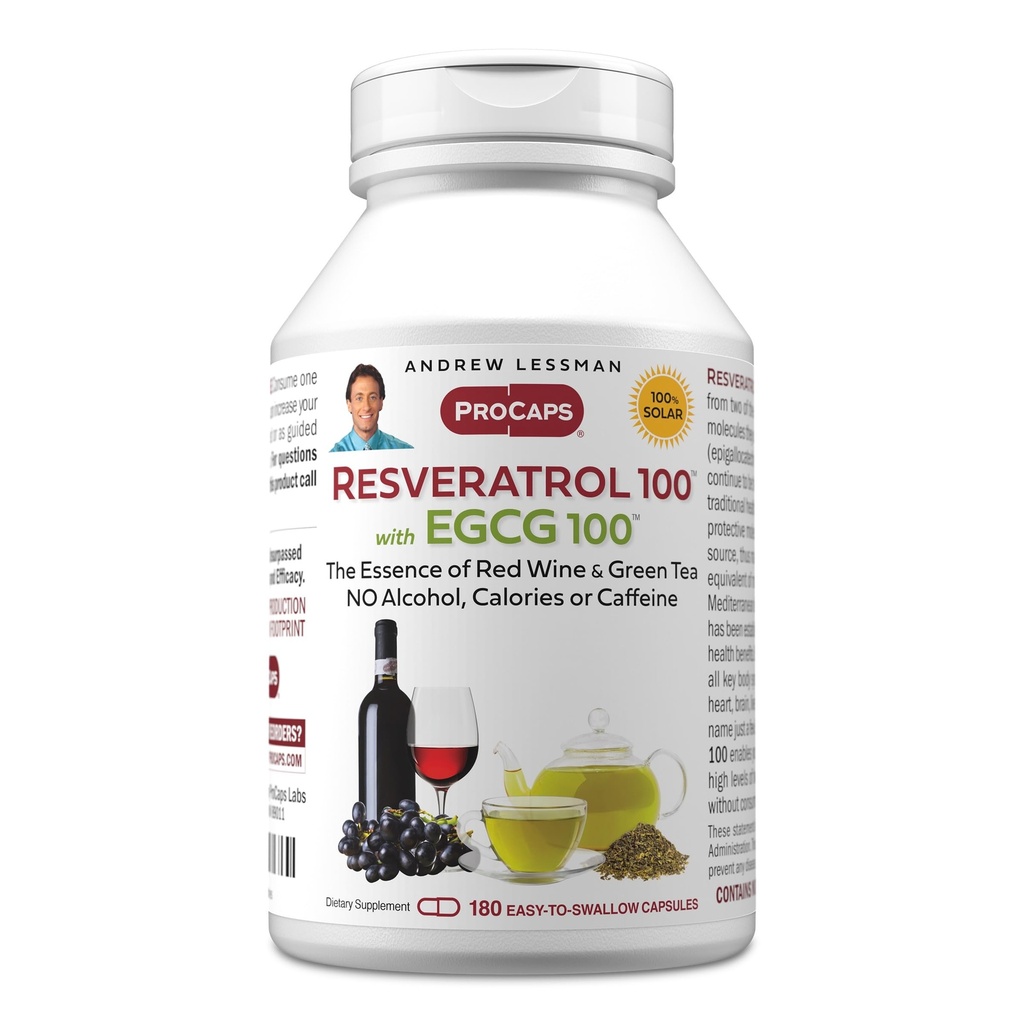 ANDREW LESSMAN Resveratrol-100 EGCG 100mg - 180 κάψουλες - Δύο φυσικά επιφανειακά αντιοξειδωτικά, χωρίς αλκοόλ ή καφεΐνη.