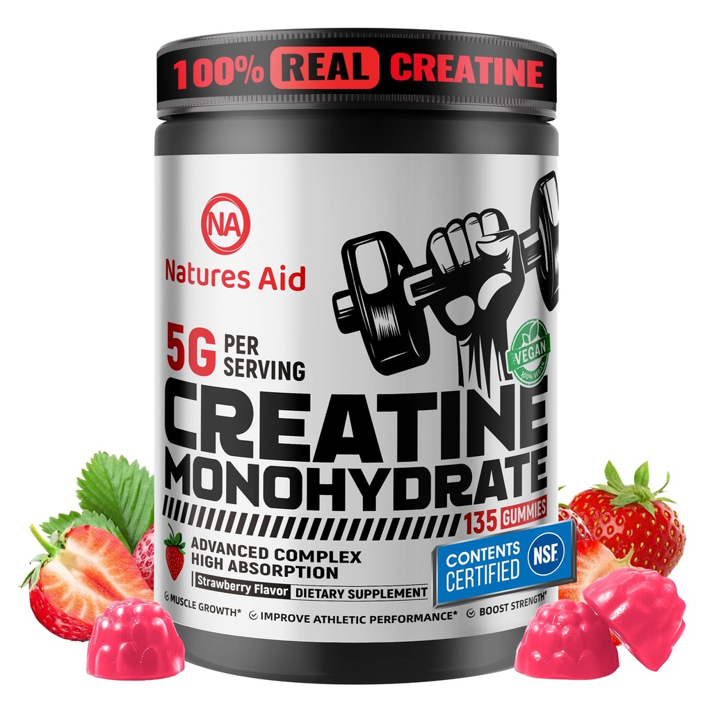 Natures Aid Creatine Monohydrate Gummies (5g) – Προ-Εκπόνηση Ενέργεια & μυϊκή ανάπτυξη Υποστήριξη για τους άνδρες & γυναίκες 