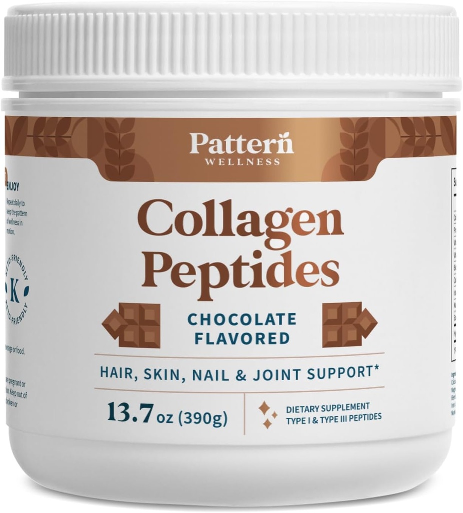 Pattern Wellness Collagen Peptides Powder (Type I & III) - Μαλλιά, νύχια, δέρμα και κοινή υγεία - Grass Fed & Pasture Μεγαλωμένο - Υδρολυμένο κολλαγόνο, Μη ΓΤΟ, Γαλακτοκομικά Χωρίς, & Κετό - Σοκολάτα (13 Oz)