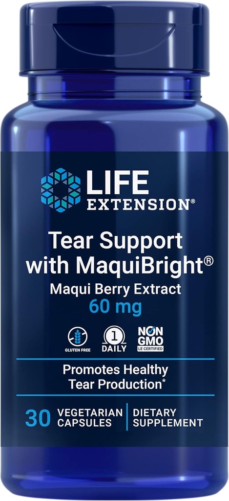 Life Extension Tear Support with MaquiBright®, 60 mg, Maqui Berry Extract for Dry Eyes, Supports Eye Health, Ενθαρρύνει την παραγωγή δακρύων, χωρίς γλουτένη, μη GMO, 1 Καθημερινή, χορτοφαγική, 30 κάψουλες