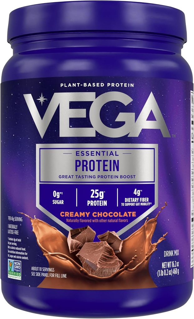 Vega Original Essential Protein - 25g Πρωτεΐνη με βάση το φυτό, Κρέμα σοκολάτας, 10 σερβιέτες, Vegan Μη ΓΤΟ Μείγμα ποτών, Smoothie & Shake Ready, Χωρίς γλουτένη, Γαλακτοκομικά, 16.2oz (Packaging May Vary)