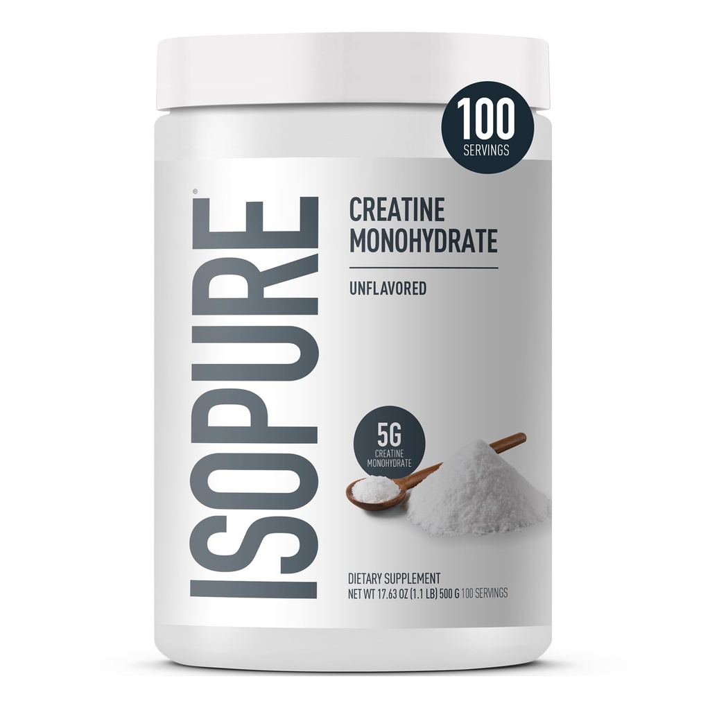 Isopure 100% καθαρή σκόνη μονοένυδρης κρεατίνης, χωρίς ζάχαρη, χωρίς γεύση, 5g Creatine Monohydrate Per Serving, 1.1 Lbs, 100 Servings (Packaging May Vary)