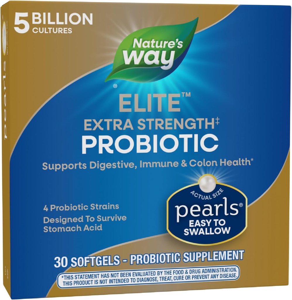 Nature's Way Elite Extra Strength Probiotic Pearls for Men and Women, Supports Digestive, Immune, Colon Health*, 5 Billion Live Cultures, Δεν απαιτείται ψύξη, 30 Softgels