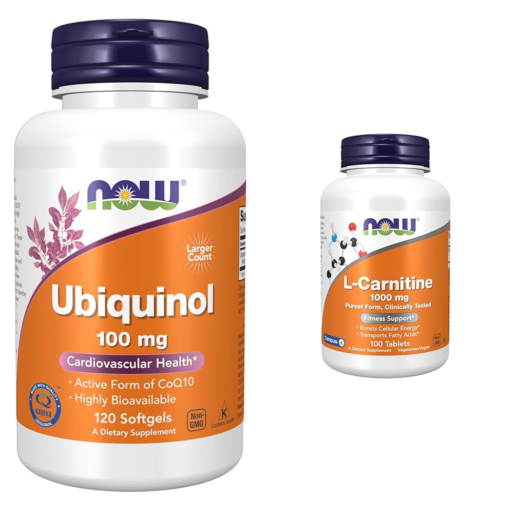 NOW Συμπληρώματα, Ubiquinol 100 mg, Υψηλή βιοδιαθεσιμότητα (The Active Form of CoQ10), 120 Softgels & Συμπληρώματα, L- καρνιτίνη 1.000 mg, Purest Form, Amino Acid, Fitness Support*, 100 δισκία