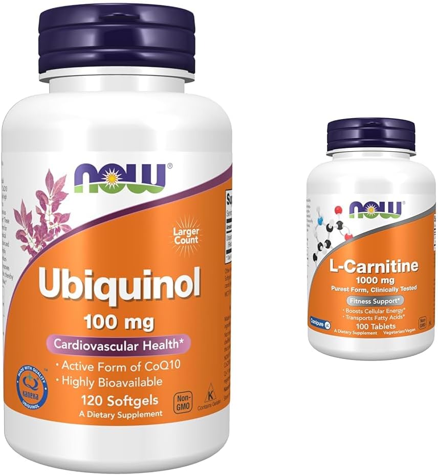 NOW Supplements, Ubiquinol 100 mg, High Bioavailability (The Active Form of CoQ10), 120 Softgels & Supplements, L-Carnitine 1,000 mg, Purest Form, Amino Acid, Fitness Support*, 100 Tablets