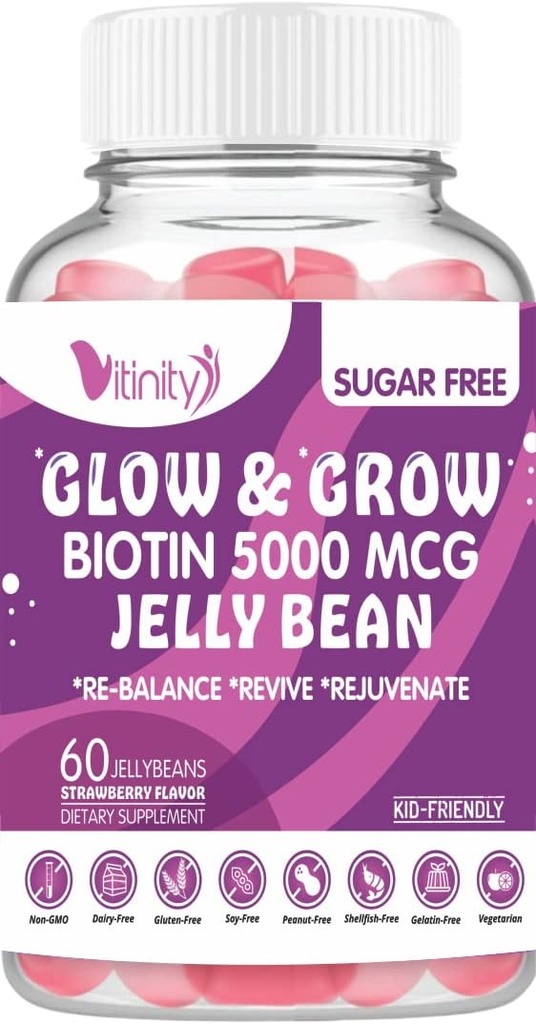 VITINITY Biotin 5000 McG Extra Strength Vegetarian (Vitamin B) Sugar-Free Supplement-Supports Healthier Hair & Skin - Γυναίκες & Άνδρες 60 Veggie Sugar-Free Jelly Beans (30 Day Supply)