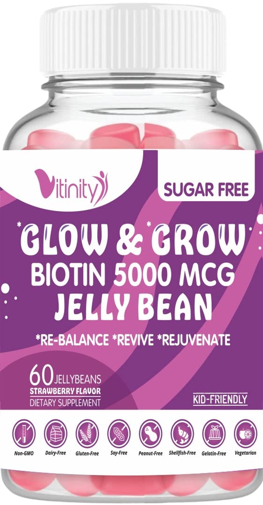 VITINITY Biotin 5000 Mcg Extra Strength Vegetarian (Vitamin B) Sugar-Free Supplement-Supports Healthier Hair & Skin - Women & Men 60 Veggie Sugar-Free Jelly Beans (30 Day Supply)
