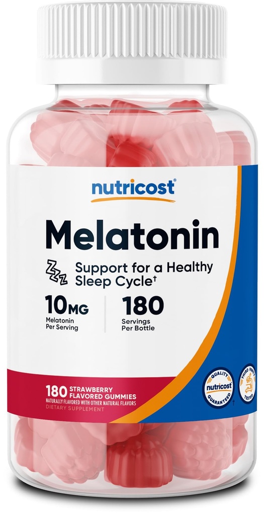 Nutricost Μελατονίνη 10mg, 180 Gummies, Φράουλα Γεύση - Χωρίς γλουτένη, Μη ΓΤΟ, Χωρίς Σιρόπι καλαμποκιού