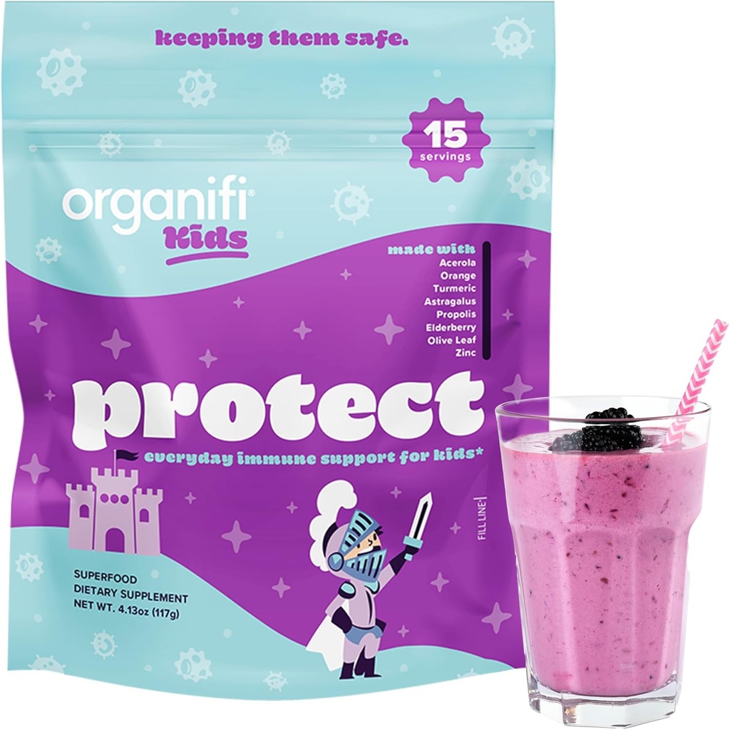 Organifi Kids: Προστατέψτε - Everyday Immune Support for Kids with Elderberry, Acerola Cherry and Zinc - Berry Flavored Immunity Powder - Plant-Based, Vegan, and No Glutten, Dairy or Soy - 15 Servings