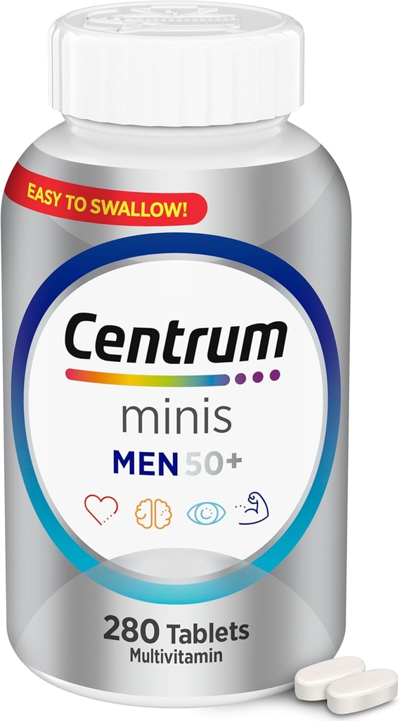 Centrum Minis Silver Πολυβιταμίνη για Άνδρες 50 Plus, Multivitamin / Multimineral συμπλήρωμα, Βιταμίνη D3, B-βιταμίνες και ψευδάργυρος, μη ΓΤΟ συστατικά, υποστηρίζει τη μνήμη και τη γνώση σε ηλικιωμένους ενήλικες - 280 Ct