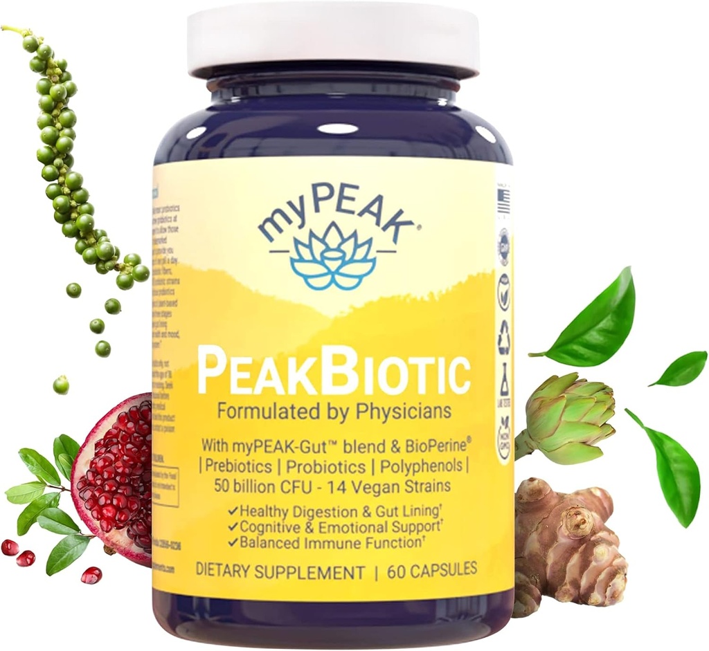 myPEAK PeakBiotic: The Ultimate Vegan Synbiotic with 50 Billion CFU Probiotics Prebiotics Postbiotics Modbiotics and Gut Lining to Enhance Digestion, Skin, and Mood with 2-Month Supply, 60 Capsules
