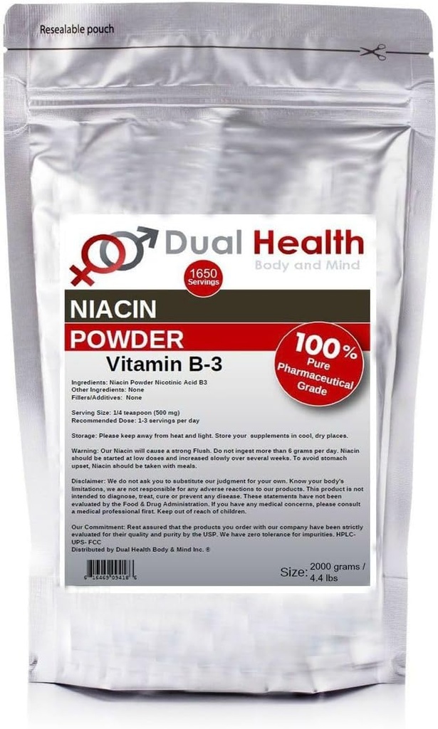 Niacin Powder (4,4 λίβρες - 2 κιλά) Βιταμίνη B3 Bulk Supplement Άμεση απελευθέρωση Νιασίνη με Flush Νικοτινικό Οξύ Non-GMO, Vegan, Χωρίς γλουτένη Γρήγορη απορρόφηση Όχι ΓΤΟ, Fillers, Πρόσθετα, Μέταλλα