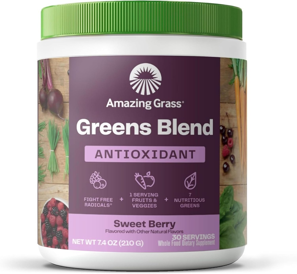 Amazing Grass Greens Blend Αντιοξειδωτικό: Super Greens Powder Smoothie Mix with Organic Spirulina, Beet Root Powder, Elderberry, Bilberry, Prebioitics & Probiotics, Sweet Berry, 30 Servings (Packaging May Vary)