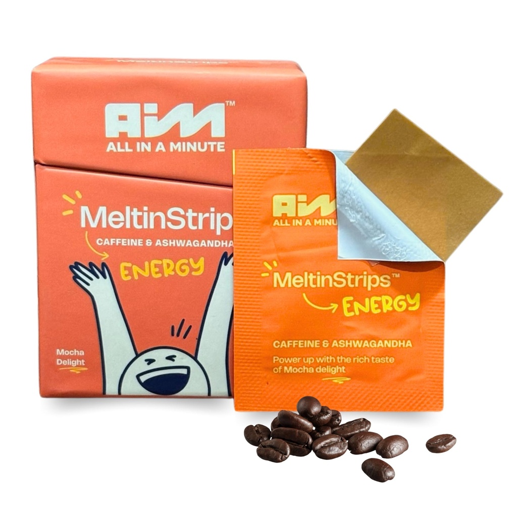 MeltinStrips® Fast Dissolving Nootropic Energy Strips for Focus, Alertness & Brain Energy | Caffeine (40mg) + Ashwagandha + B12 | Sugar Free Without Jitters or Crash | Mocha - 30 Servings