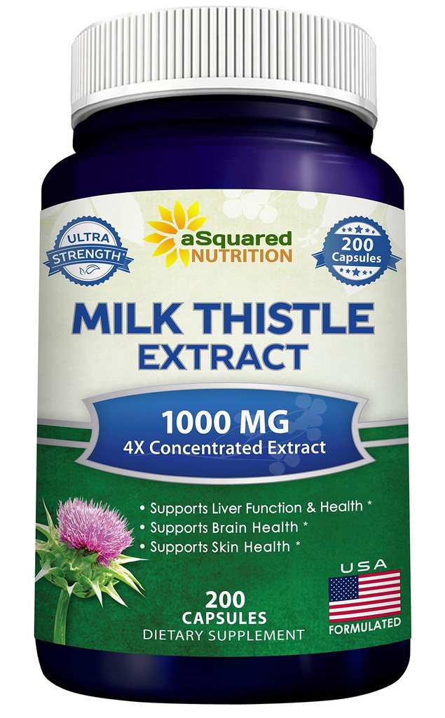 aSquared Nutrition Milk Thistle Supplement 1000mg- 200 Capsuls, Max Strength 4X Συμπυκνωμένο εκχύλισμα 4:1 Milk Thetle Powder Herb Powder Pills, 1000 mg Silymarin Extract for Liver Support, Cleanse, Detox