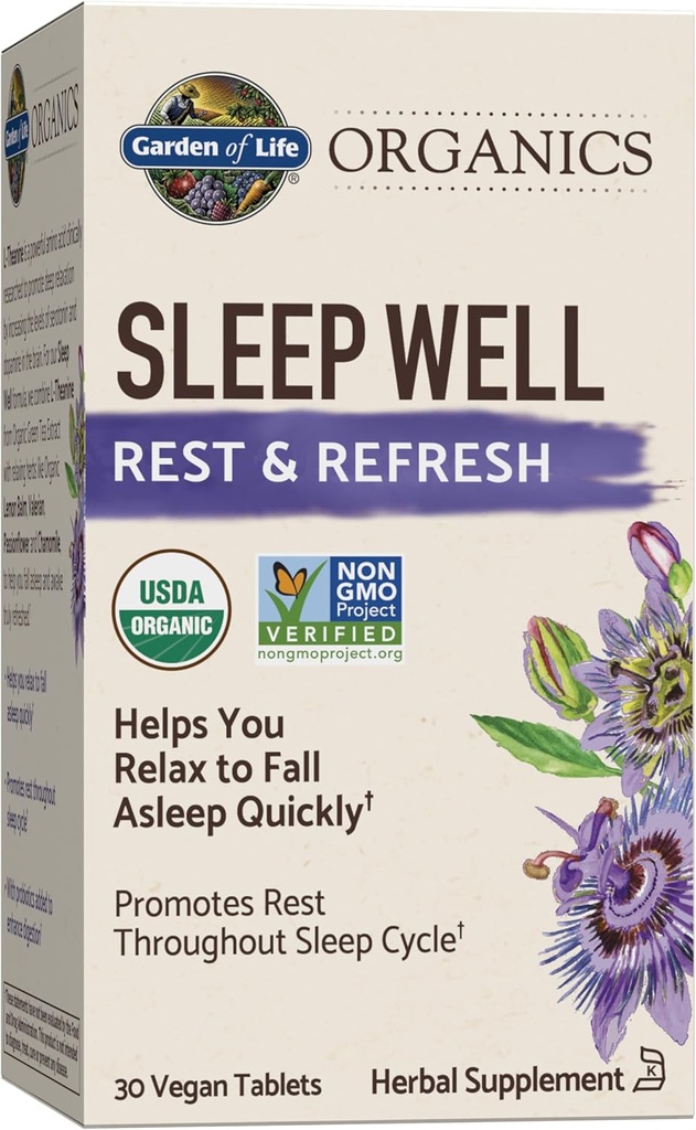 Garden of Life Organics Sleep Well Rest & Refresh 30 Tablets, Lemon Balm, Green Tea Extract L-Theanine, Valerian Root, Χαμομήλι, Probiotics-Organic Non-GMO Vegan Gluten Free φυτικό συμπλήρωμα