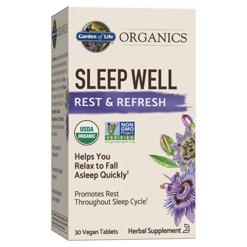 Garden of Life Organics Sleep Well Rest & Refresh Tablets with Lemon Balm, Green Tea Extract, Chamomile & Probiotics – Support for Restful Sleep & Relaxation, Non-GMO, Gluten-Free, Vegan, 30 Tablets