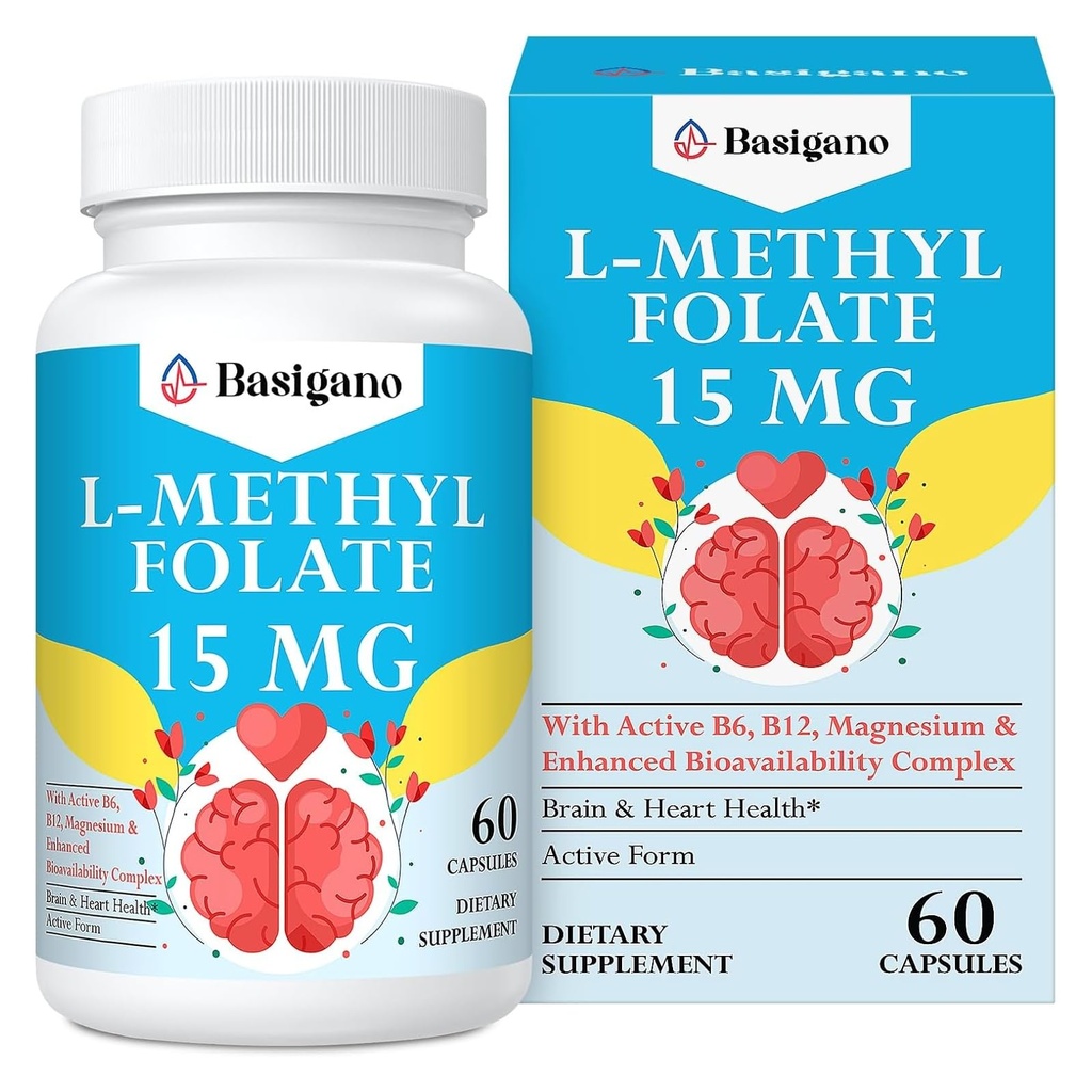 15mg L Methylfolate (5- MTHF) - Ενεργό Φολικό Οξύ Εμπλουτισμένο με Βιταμίνες Β6 και Β12-60 Καψάκια Χορτοφαγικής - Μη ΓΤΟ, Χωρίς Γλουτένη