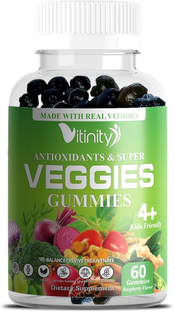 VITINITY Made with Real Super Veggies Delicious Gummy Supplement,Men,Women & Kids(60 Chews),30 Veggies,Herbs,Fruit and Fruit Vitamins,Non-GMO,Pectin-based,Gluten-Free,No More Pills (30 Day Supply)