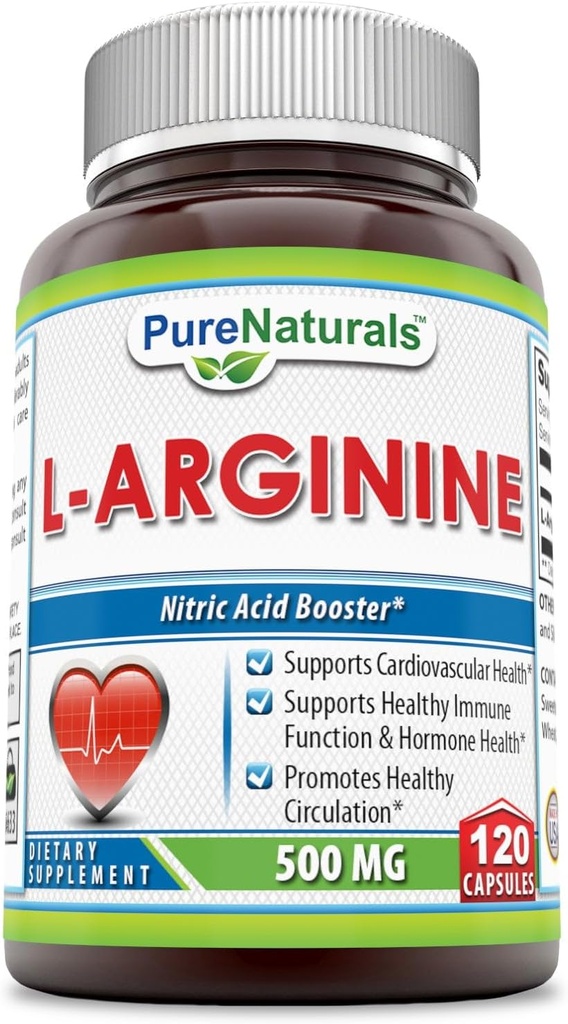Pure Naturals L-αργινίνη 500 Mg κάψουλες, υποστηρίζει καρδιοαγγειακή υγεία, υποστηρίζει υγιή ανοσοποιητική λειτουργία & υγεία ορμονών, προωθεί υγιή κυκλοφορία (120)