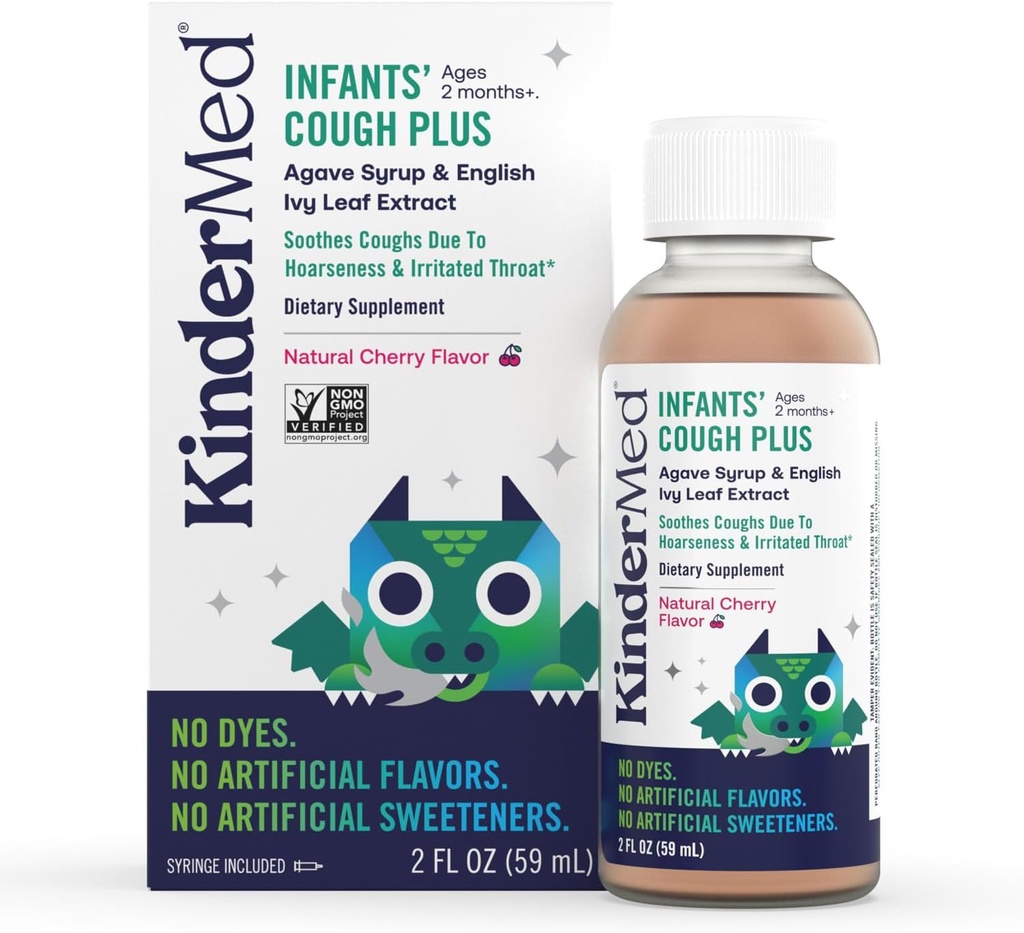 KinderMed Infants' Daytime Cough Plus, Organic Agave Syrup and English Ivy Leaf Extract, No Dies, No Artificial Flavors or Sweeteners, Non-GMO, for Babies 2 Months+, Natural Cherry Flavor (2 Fl Oz)