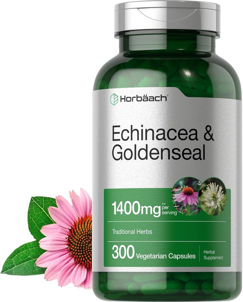 Horbäach Echinacea Goldenseal Capsules | 1400mg | 300 Count | Vegetarian, Non-GMO, Gluten Free Extract Supplement