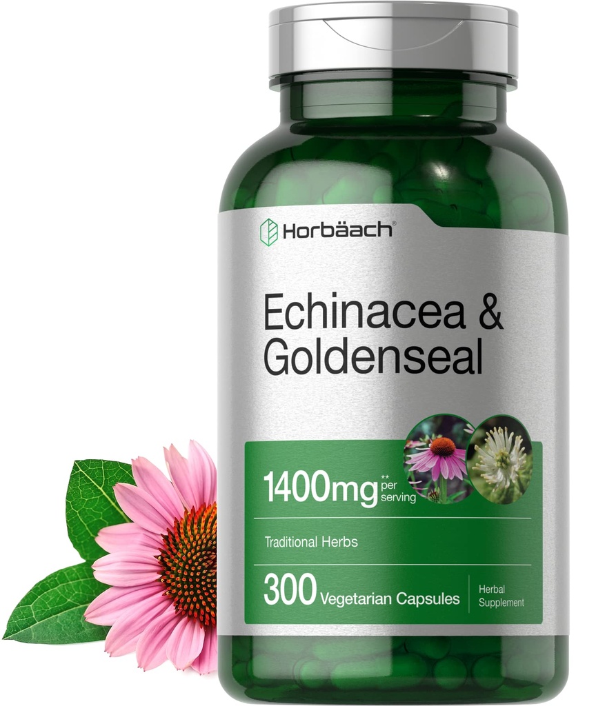 Horbäach Echinacea Goldenseal Capsules | 300 Count | Vegetarian, Non-GMO, Gluten Free Extract Supplement
