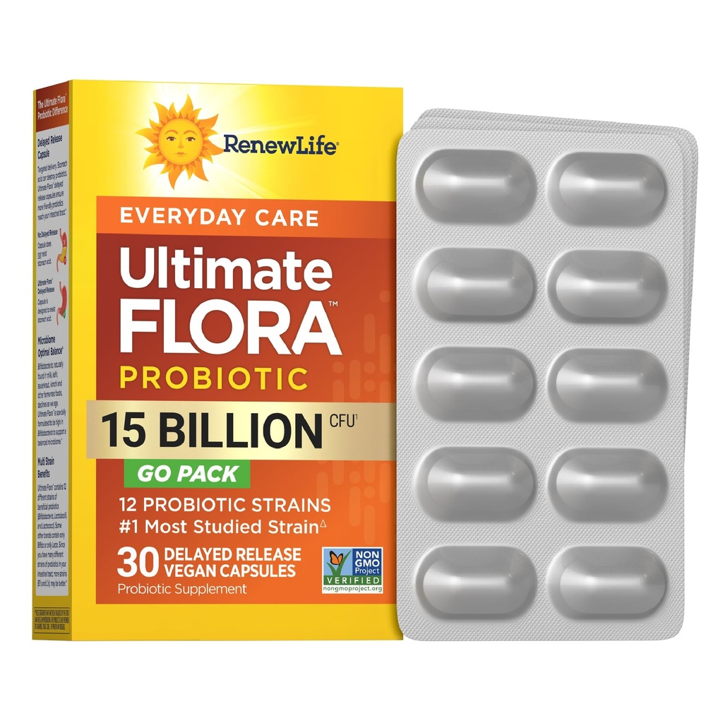 Renew Life Everyday Go-Pack Probiotic Capsules, Daily Supplement Supports Urinary, Digestive and Immune Health, L. Rhamnosus GG, Dairy, Soy and gluten-free, 15 Billion CFU, 30 Count