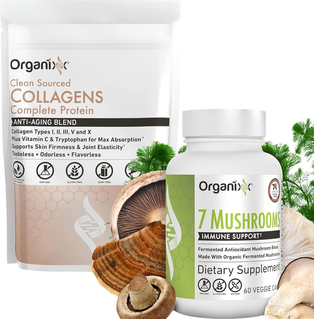 Organixx Clean Soured Collagen Powder, Unflavored, 20 Σερβιέτες & Βιολογικό συμπλήρωμα μανιταριών (60 Χορτοφαγική κάψουλα)