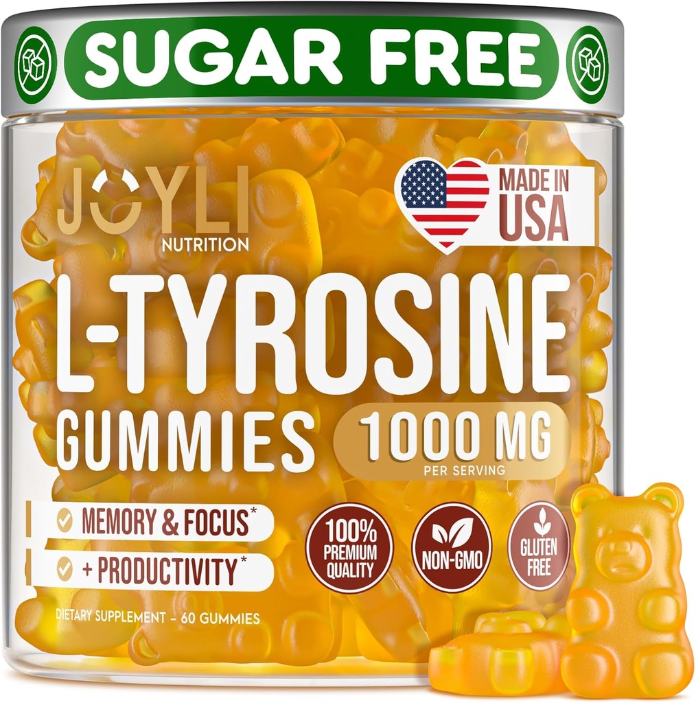 Joyli L Tyrosine Gummies 1000MG - L-Τυροσίνη συμπλήρωμα για τα παιδιά και ενήλικες - Ηρεμία & Εστίαση Gummies για τον εγκέφαλο, τη μνήμη, τη διάθεση, και την ενέργεια - 500mg L-Τυροσίνη σκόνη ανά ούλα - Vegan, χωρίς γλουτένη