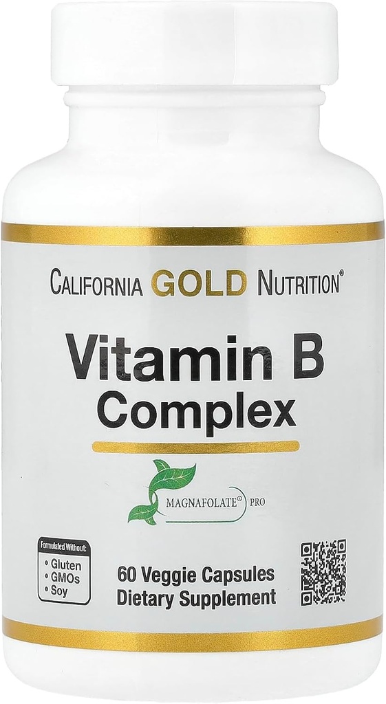 California Gold Nutrition Vitamin B Complex, Thiamin B1, Riboflavin B2, Niacin B3, Pyridoxine B6, Biotin B7, Pantothenic Acid B5 και Pro Folate B9, Χωρίς γλουτένη, Μη ΓΤΟ, 60 Veggie Κάψουλες