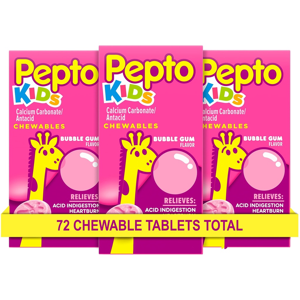 Pepto Kid's Chewable Tables for Heartburn, Acid Indigestion, Sour Stomach, and Upset Stomach, Bubblegum Flavor, 72 Σύνολο (3 συσκευασίες των 24)
