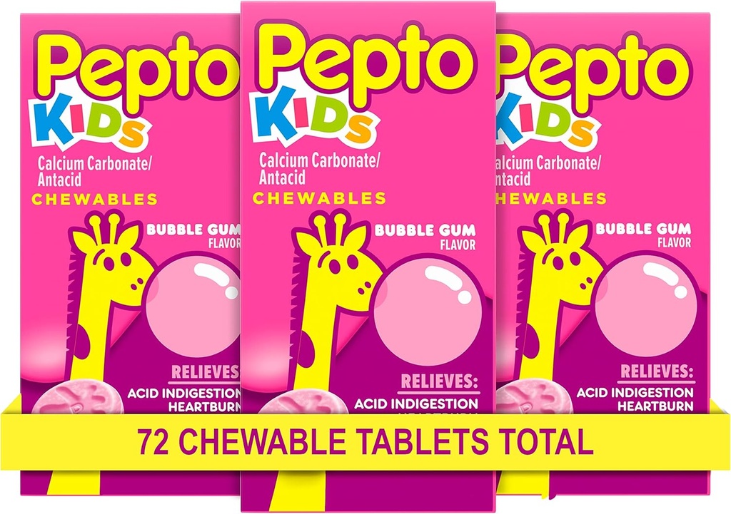 Pepto Kid's Chewable Tables for Heartburn, Acid Indigestion, Sour Stomach, and Upset Stomach, Bubblegum Flavor, 72 Σύνολο (3 συσκευασίες των 24)