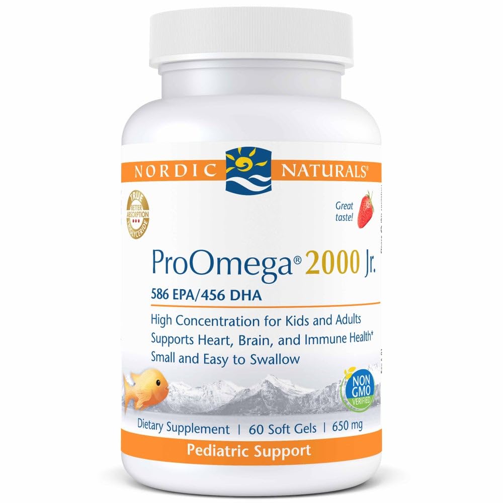 Nordic Naturals ProOmega 2000 Jr., Strawberry Flavor - 60 Soft Gels - 1120 mg Omega-3 - Ultra Poent Fish Oil - EPA & DHA - Προάγει τον εγκέφαλο, την καρδιά, & την ανοσοποιητική υγεία - Μη ΓΤΟ - 30 Υπηρεσίες