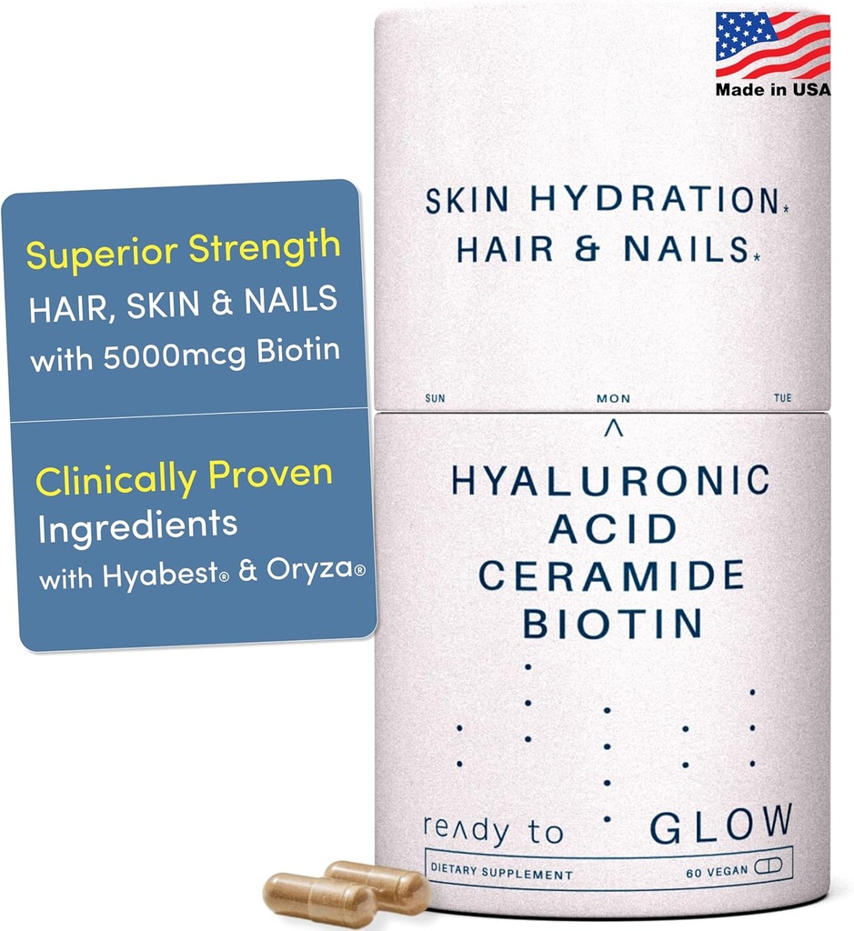 GLOW Anti Aging Supplement - Hyabest® Hyaluronic Acid, Phytoceramides, 5000 mcg Biotin, Vitamin A, C, E, Zinc - Hair Skin Nails Vitamins for Women & Men - Wrinkles & Skin Hydration - 60 Capsules