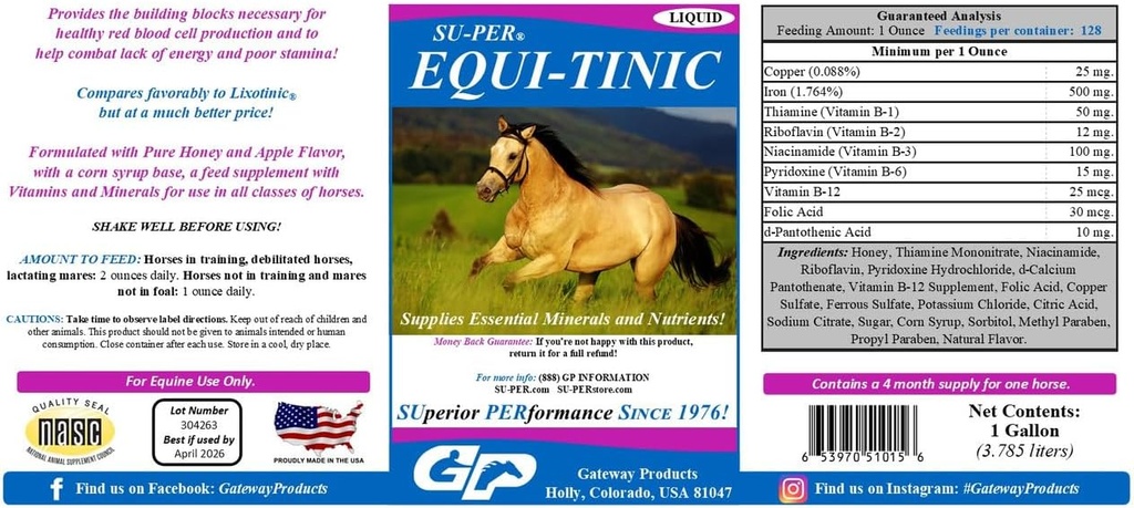SU-PER Equi-Tinic Horse Minerals Συμπλήρωμα - Βασικά Ορυκτά και θρεπτικά συστατικά για υγιή κύτταρα αίματος & Ενέργεια - 1 Gallon