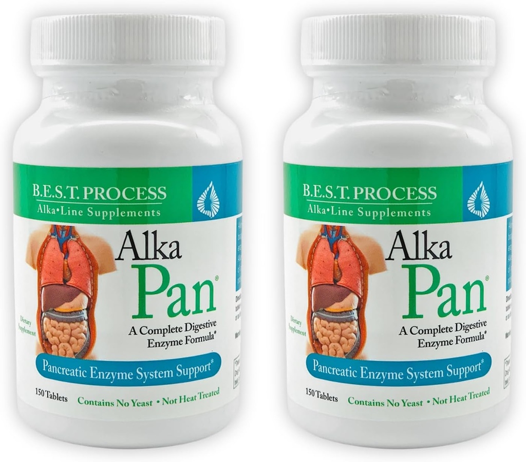 Alka-Pan (2 Pack) Καλύτερη διαδικασία Αλκαλίνη — Φυσικό συμπλήρωμα πέψης — Παγκρεατικά ένζυμα με αντιοξειδωτικά-Rich Superfoods & Digestive Βότανα