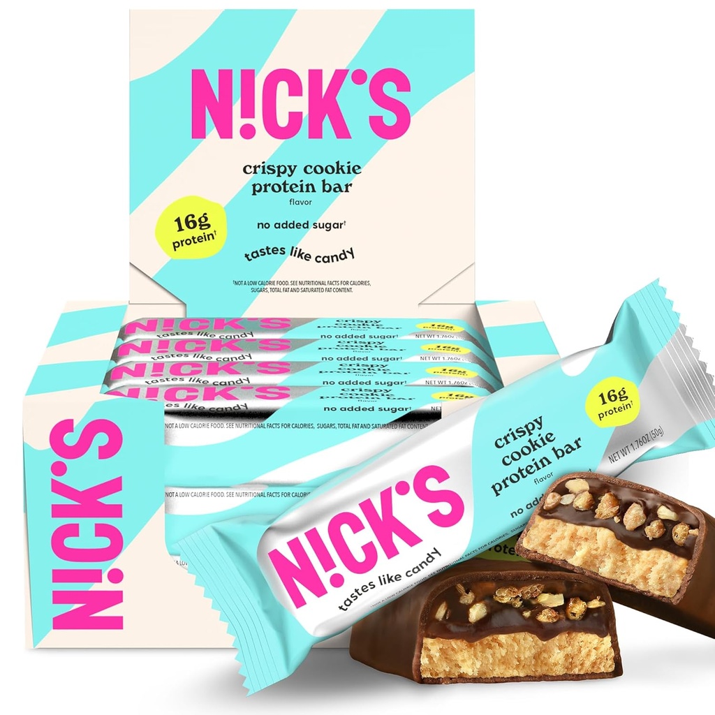 Nick's Protein Bars Crispy Σοκολάτα Cookie, Υψηλή πρωτεΐνη, Χαμηλές θερμίδες, Χαμηλές υδατάνθρακες, Κετοφιλικά σνακ Όχι Προστέθηκε Ζάχαρη (Multipack 12 bars x 50g), Κρίσπι γεύση Cookie