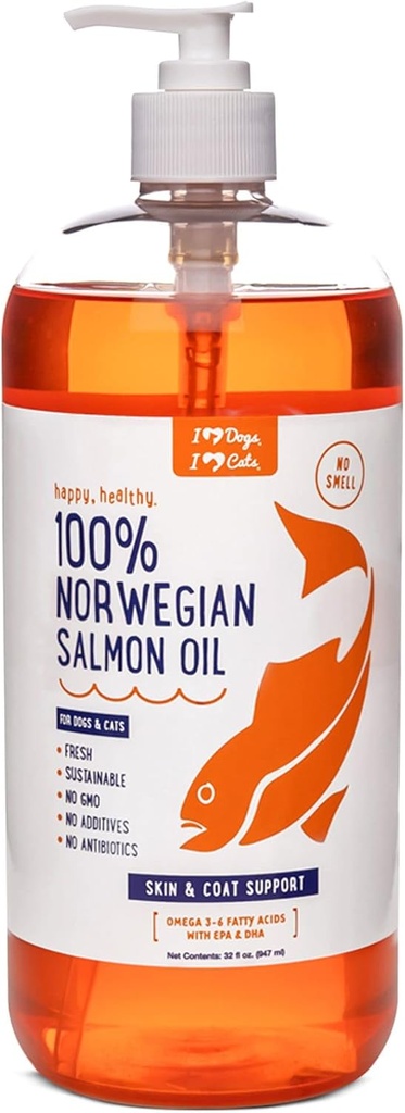 iHeartDogs Salmon Oil for Dogs and Cats - Nourishing Skin & Coat Omega 3 Fish Oil for Dogs Υποστηρίζει Αλλεργία & Itch Relief, Heart Health and Joint Health - 32 oz