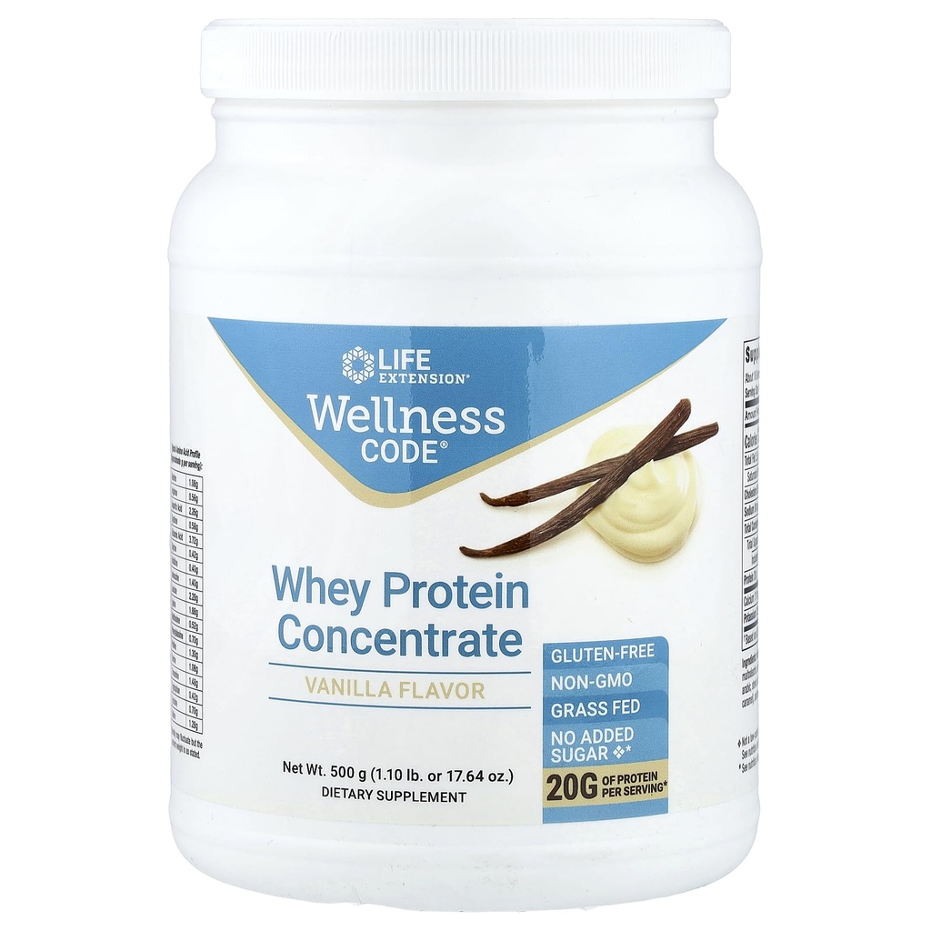 Επέκταση ζωής Wellness Code Πρωτεΐνη γάλακτος Πυκνό 20g μυϊκή ανάπτυξη & ανοσοποιητική υγεία - πηγάζει από Grass-Fed, Free-Range, ορμονών-ελεύθερο αγελάδων, μη-GMO, Δεν Προστέθηκε Ζάχαρη, Βανίλια- 500g