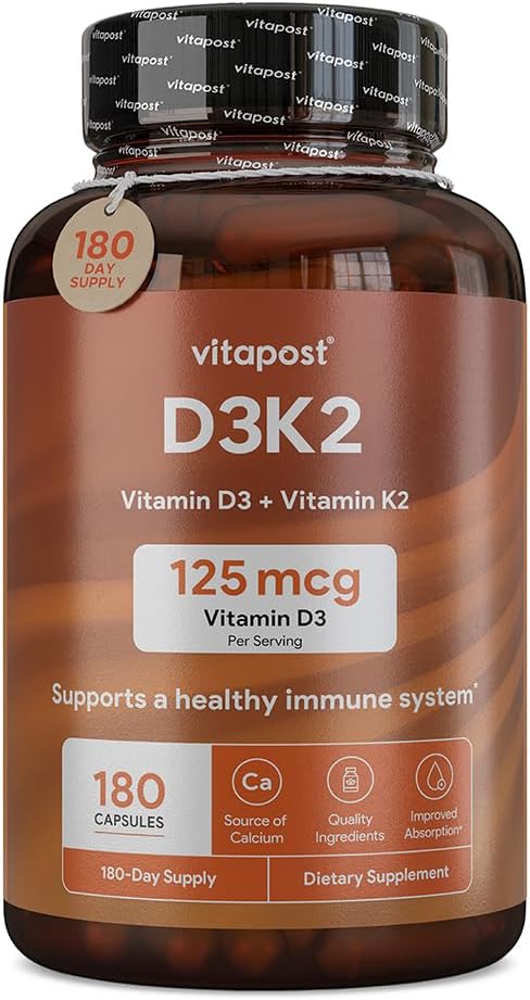 D3K2 | D3 K2 Combines Vitamin K and Vitamin D with Calcium & BioPerine. D3 and K2 Supplements Healthy Bones, Heart & Muscles | 180 Capsules