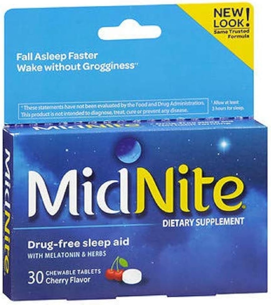 Υγεία ύπνου MidNite για περιστασιακή αϋπνία, 30 Μασώμενα δισκία κεράσι (πακέτο των 3)