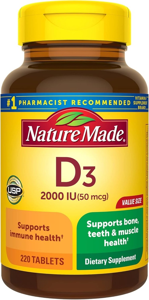 Nature Made Vitamin D3 2000 IU (50 mcg), Vitamin D Supplement for Bone, Teeth, Muscle and Immune Health Support, 220 Tablets, 220 Day Supply