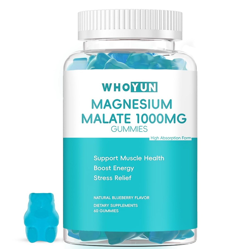 Magnesium Malate Gummies 1000mg, Enhanced Abvorvice Magnesium Chewables Supplement with Malic Acid for Energy Boost & Muscle Health, 60 Count