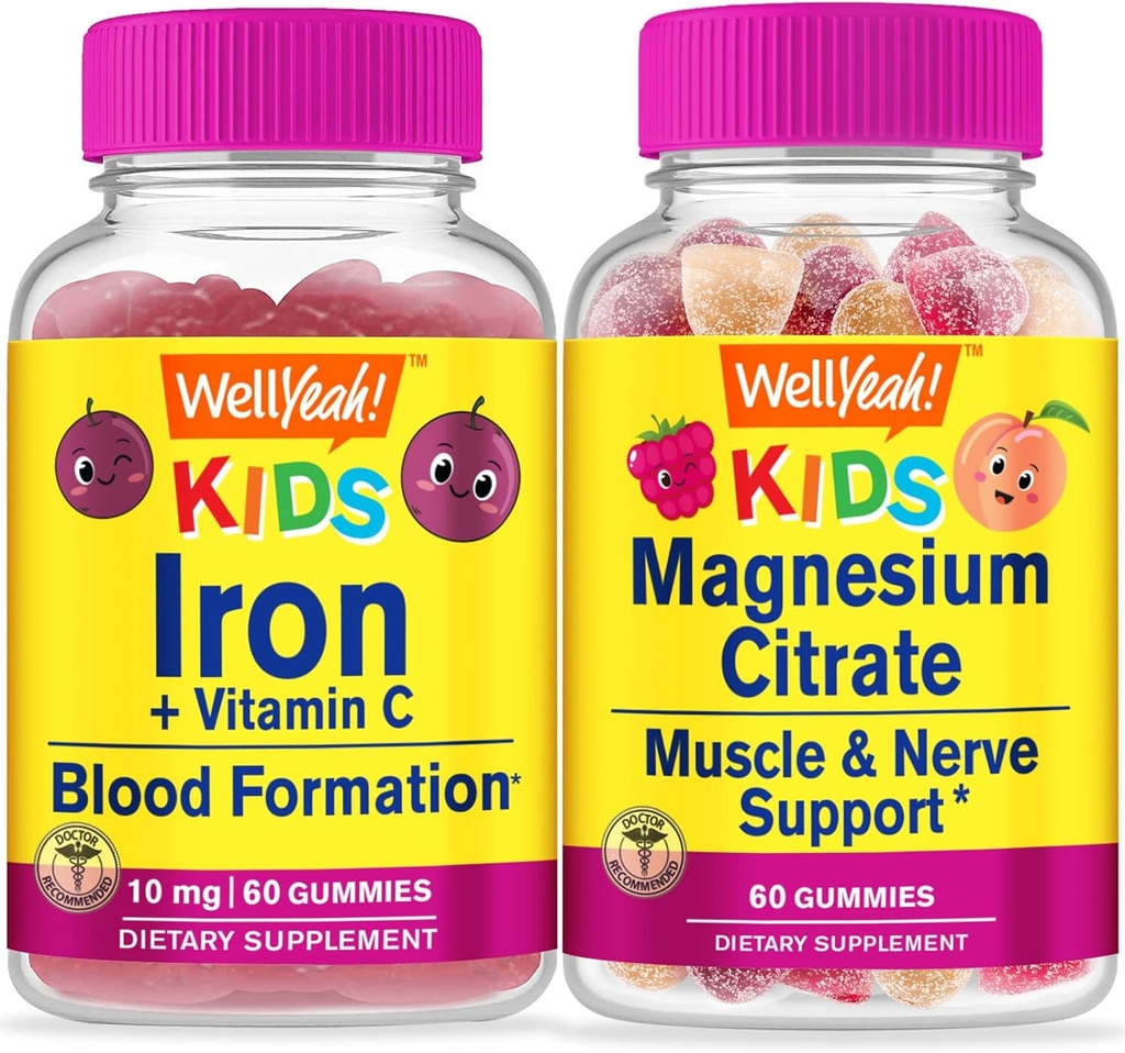 WellYeah Iron + Vitamin C Kids + Magnesium Citrate Kids, Gummies Bundle - Μεγάλη γεύση, συμπλήρωμα βιταμινών, χωρίς γλουτένη, GMO Δωρεάν, Μασώμενα Gummy