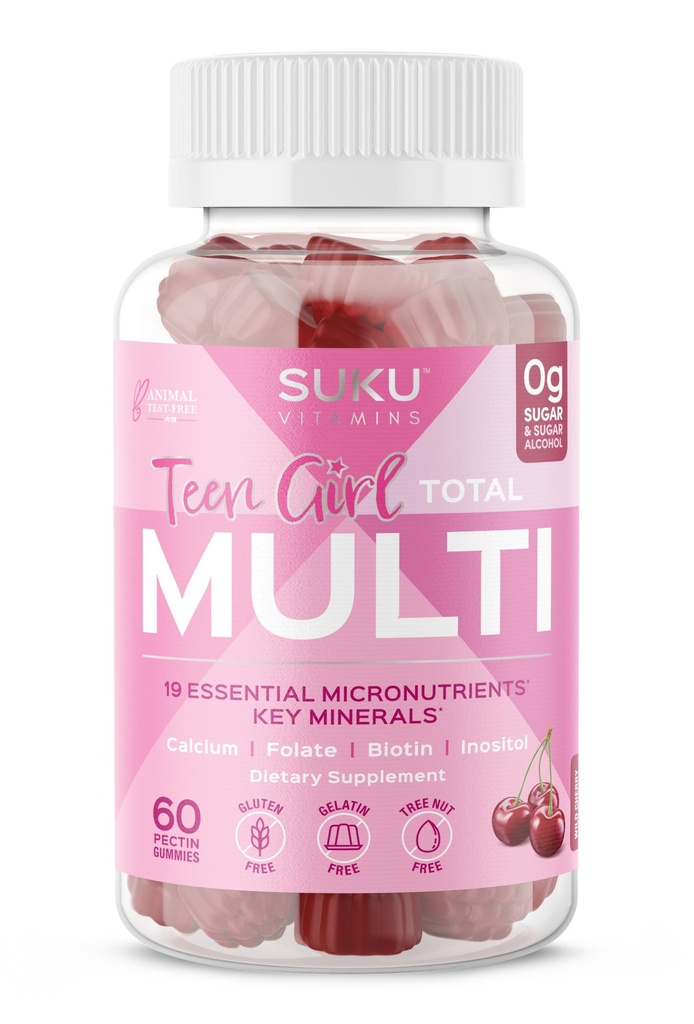 SUKU Teen Girl Multivitamin Gummies – Βιταμίνες A, B12, C, D3, E, Biotin & Zinc – Συμπλήρωμα χορτοφαγίας χωρίς ζάχαρη για το δέρμα, την ενέργεια, το ανοσοποιητικό και την υγεία των οστών – Cherry Flavor – 60 Count