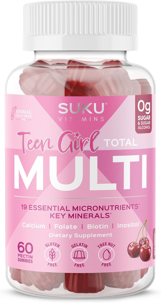 SUKU Teen Girl Multivitamin Gummies – Βιταμίνες A, B12, C, D3, E, Biotin & Zinc – Συμπλήρωμα χορτοφαγίας χωρίς ζάχαρη για το δέρμα, την ενέργεια, το ανοσοποιητικό και την υγεία των οστών – Cherry Flavor – 60 Count